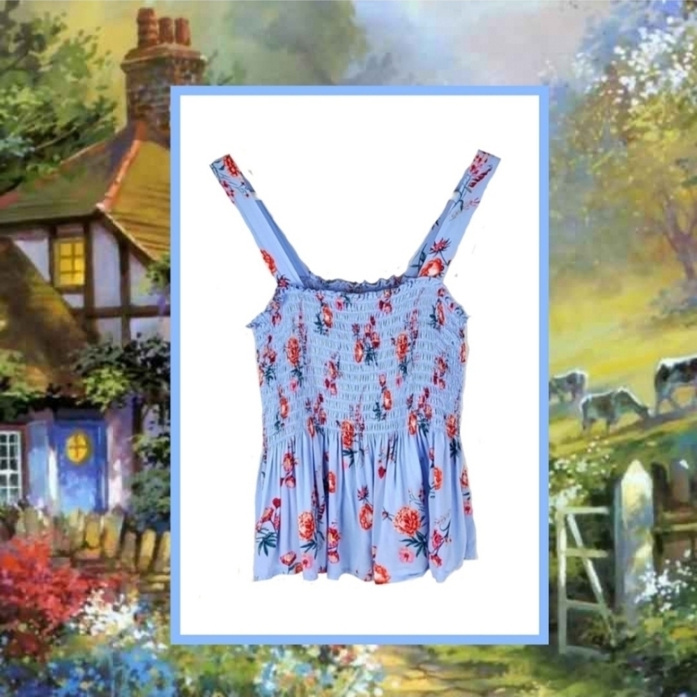 Mossimo Light Blue Floral Peplum Tank Top Ruched Bust Y2K Cottagecore Boho, XS - Picture 4 of 4